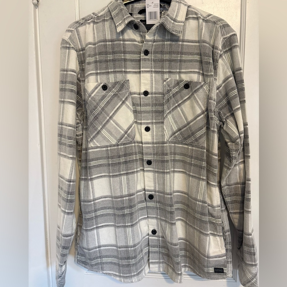 Buffalo David Bitton Men’s White/Grey Milk Plaid Button Down Shirt, 4 Pockets, L